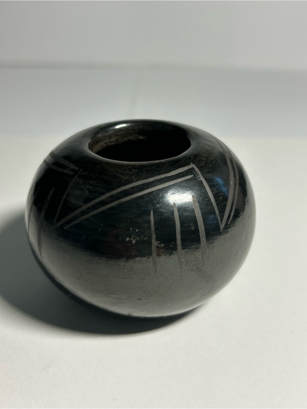 Vintage Santa Clara Pueblo Black Pottery Seed Jar Native American Jeffrey Askan